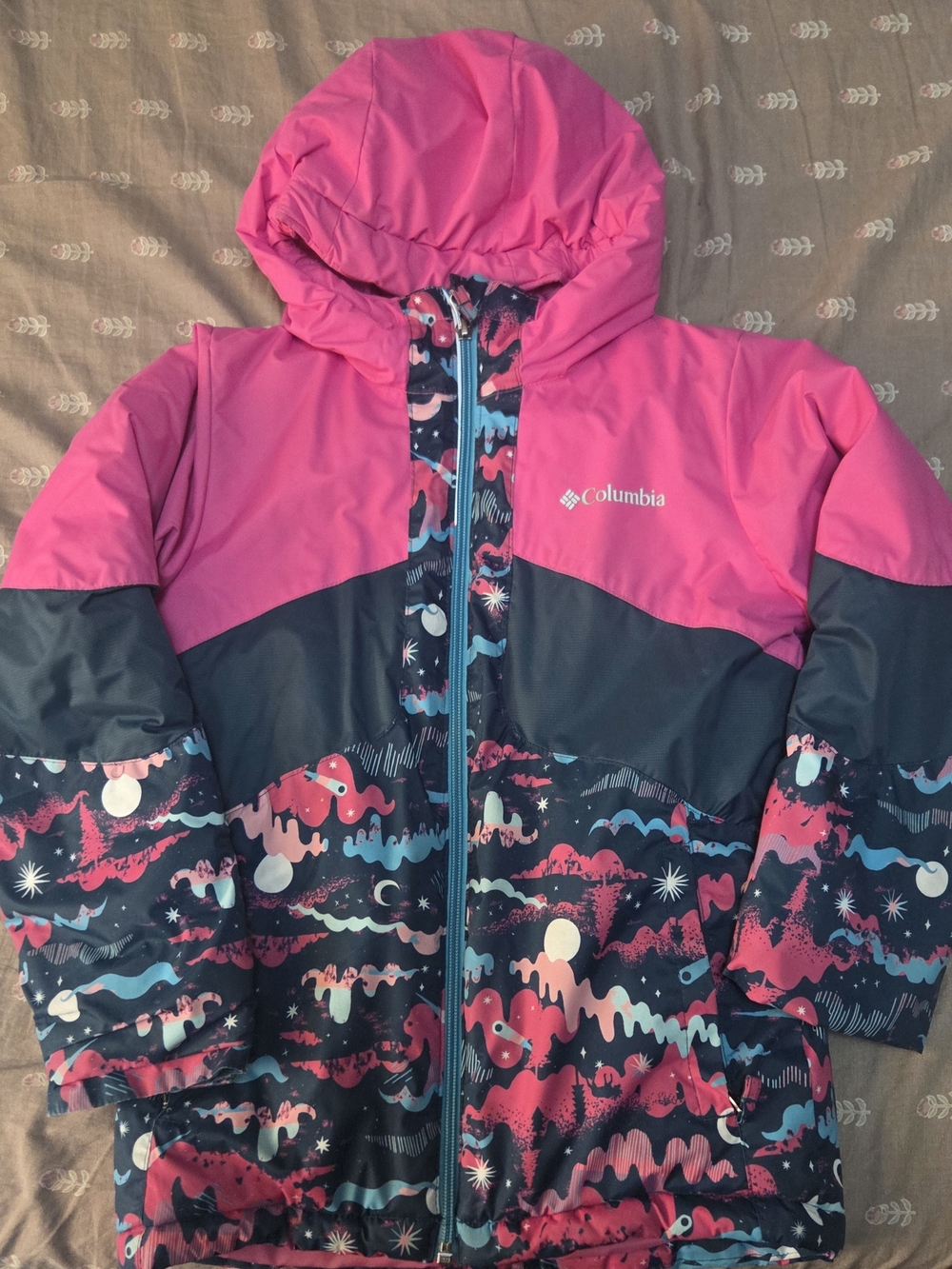 Columbia Girls' Pink & Navy Printed Hooded Winter Jacket